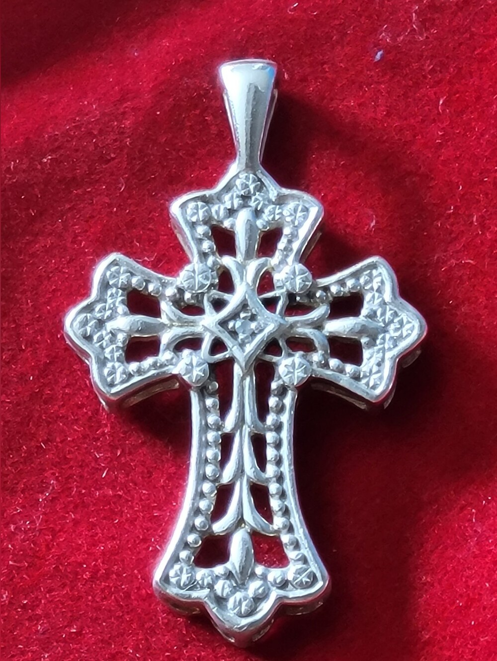 Vtg Jcm .925 Sterling Silver Filigree Cross Pendant Natural Diamond Accent